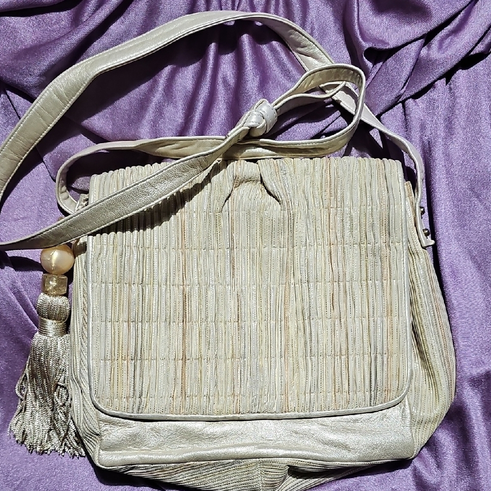 Sharif Gold Textured Shoulder Bag with Tassel